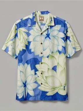 Tommy Bahama Men's Hawaiian Button Down Silk Shirt Large Blue Green Floral Lotus